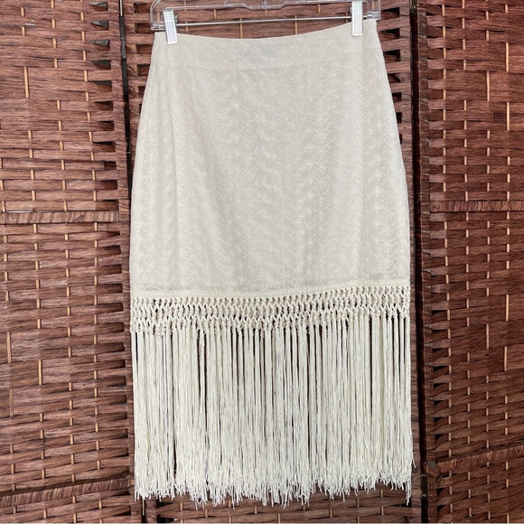 Lulus Dresses & Skirts - Lulu's Cream Midi Skirt with Fringe Hem, Boho Coastal Cowgirl Hippie, Size S.